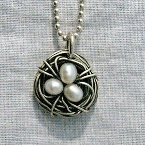 Sterling Silver Cultured Pearl Bird Nest Necklace